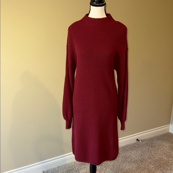 Style & Co Sweater Dress Maroon Ribbed Mock Neck Bishop Sleeves Women’s Size M - Picture 1 of 11